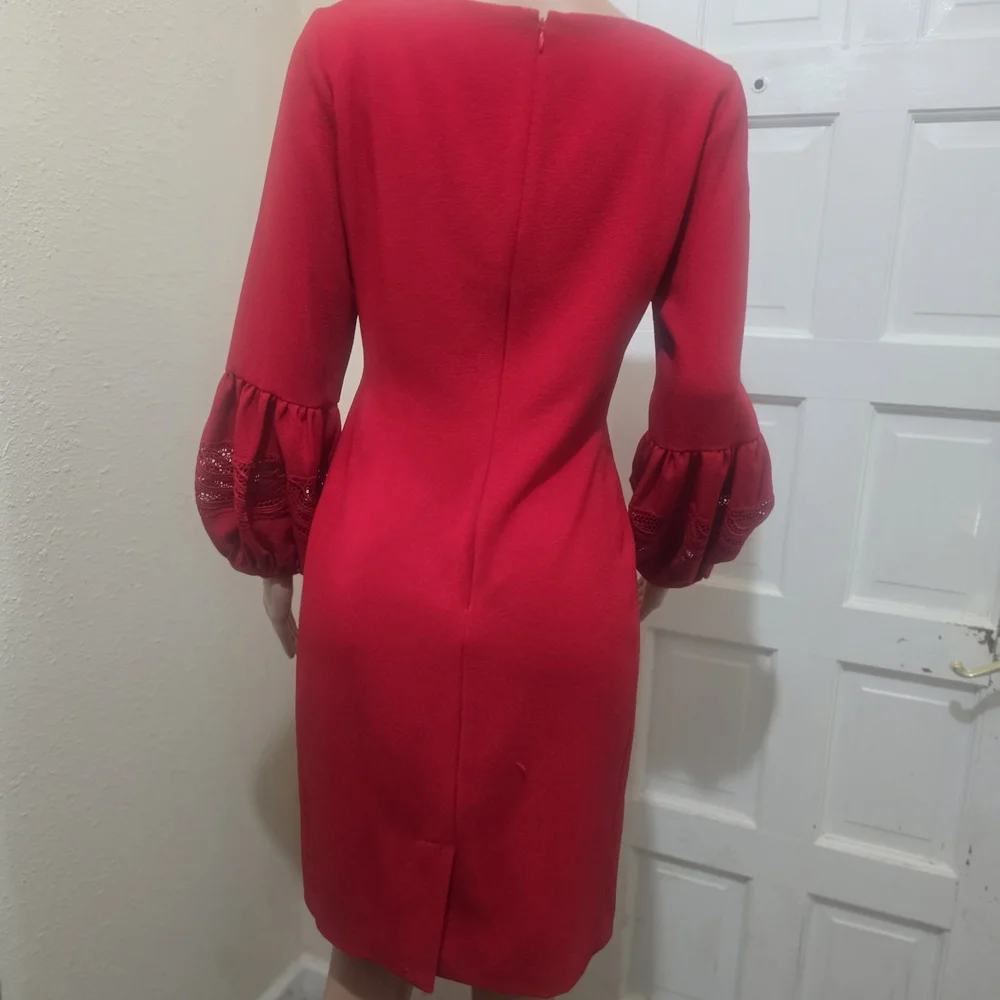 Karl Lagerfeld Red Long Sleeve Shift Dress with Lace-Trim Sleeves - Picture 8 of 8